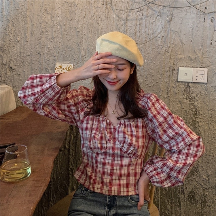 Long Sleeve Square Collar Plaid Ruffled Cropped Blouse