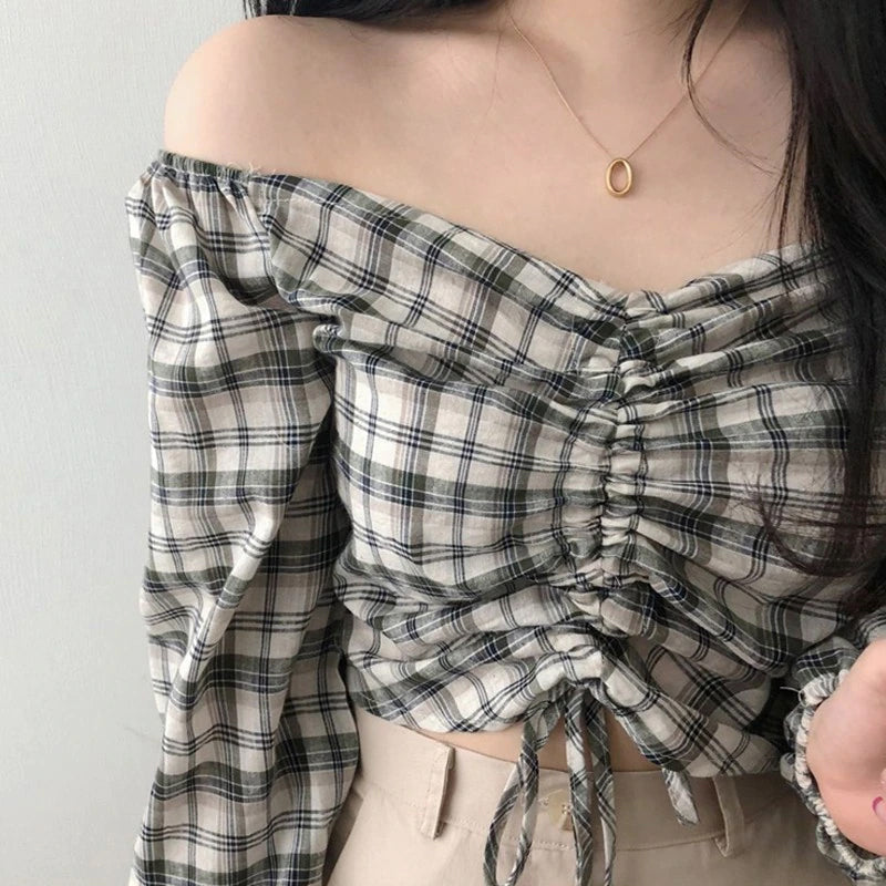 V-Neck Strapless Square Collar Plaid Cropped Blouse