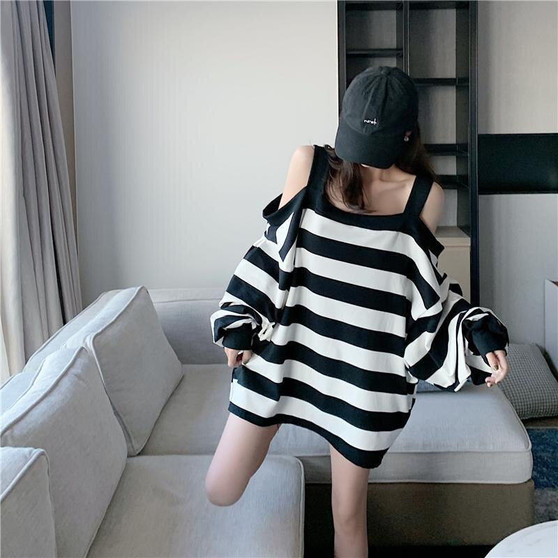 Oversize Striped Long Sleeve Open Shoulder Shirt