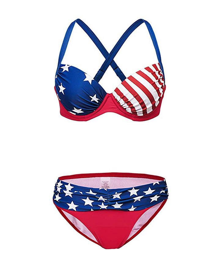 Star And Stripe Print Pleated Triangle Bikini