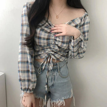 V-Neck Strapless Square Collar Plaid Cropped Blouse