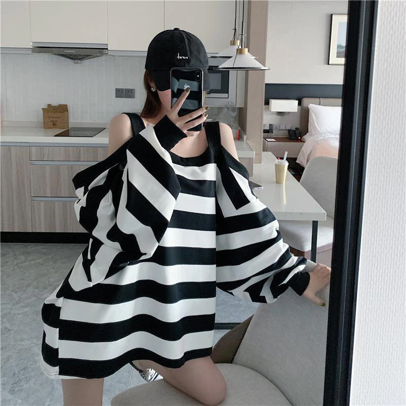 Oversize Striped Long Sleeve Open Shoulder Shirt