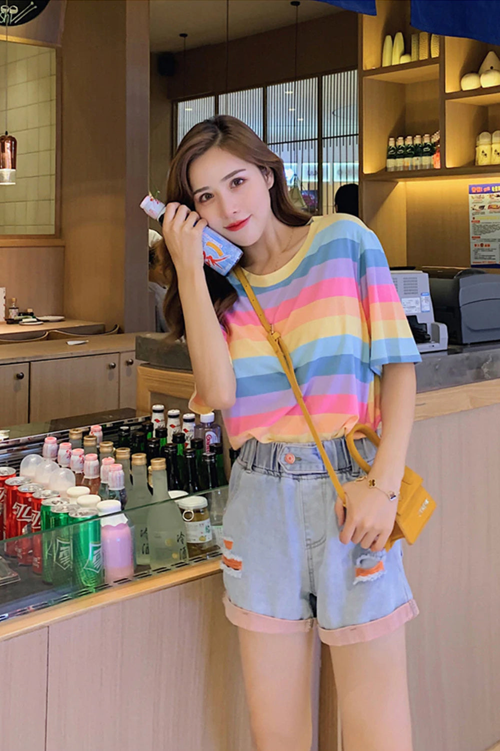 Short Sleeve Pastel Rainbow Striped Shirt