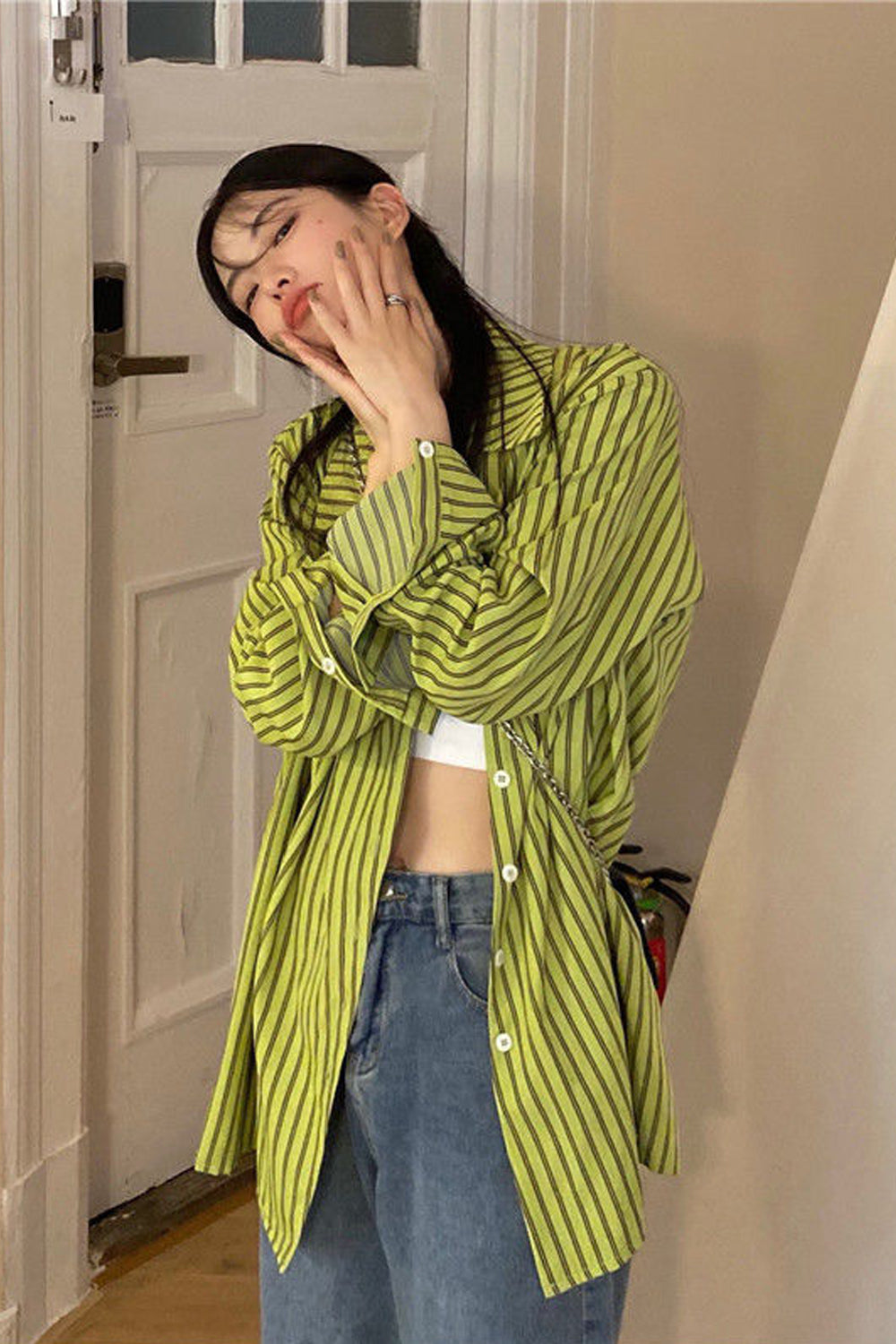 Green Retro Striped Vintage Blouse Shirt