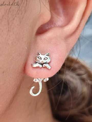 Cat Pattern Vintage Silver Earrings