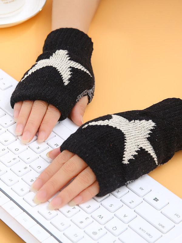 Fingerless Star Jacquard Knitted Hand Warmer Gloves