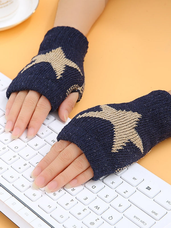 Fingerless Star Jacquard Knitted Hand Warmer Gloves