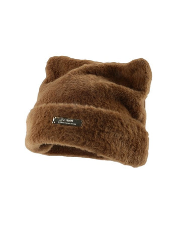 Metal Label Fuzzy Cat Beanie Hat