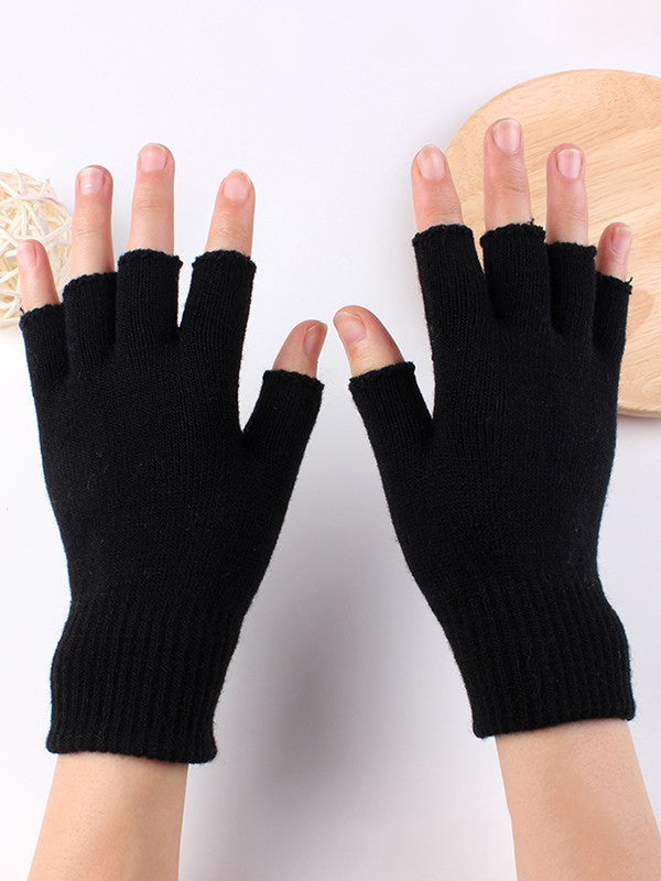 Solid Color Knitted Half Finger Gloves