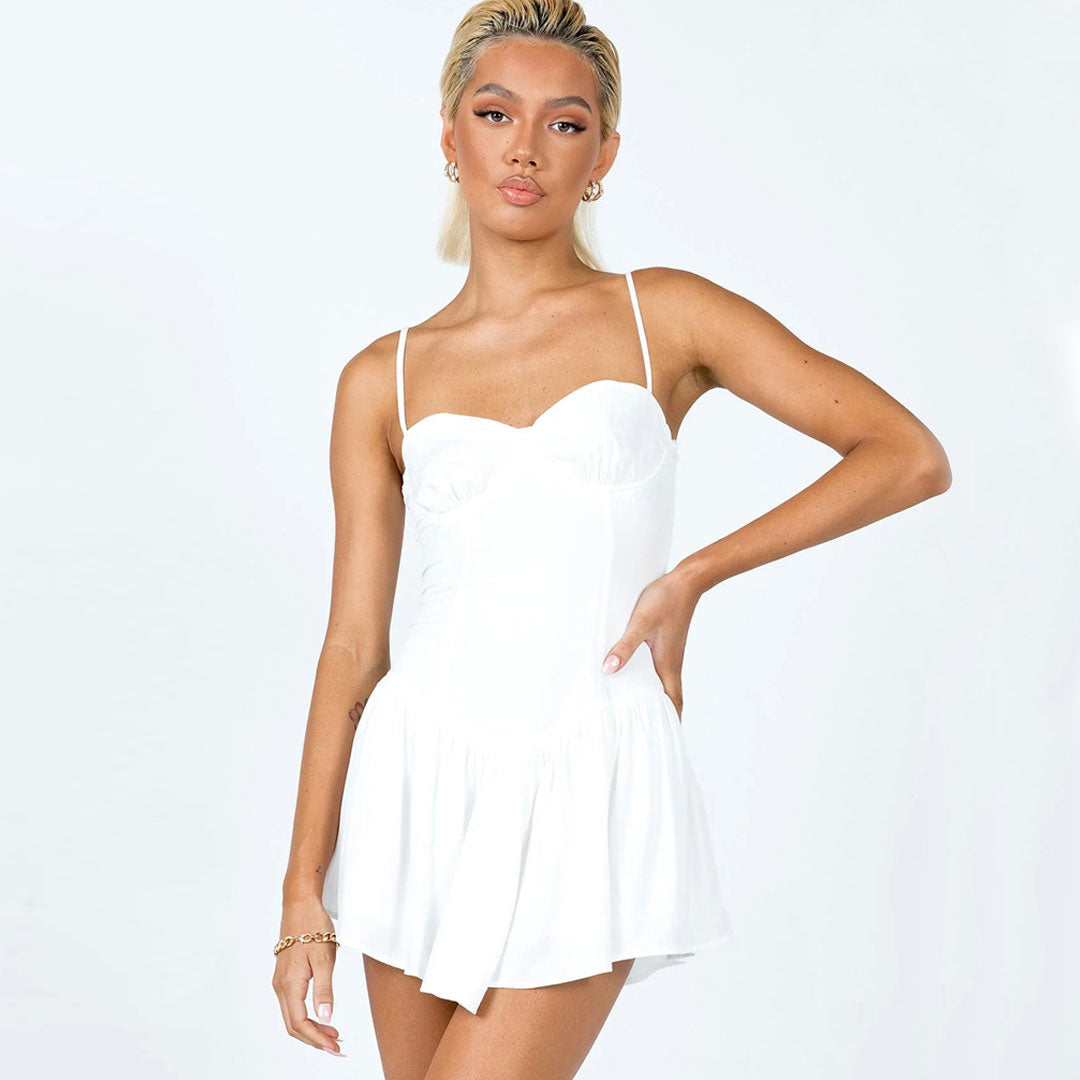 Chiffon Ruffle Ruched Trim Mini Slip Sundress - White