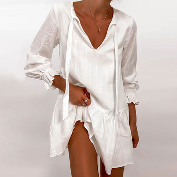 Flowy Textured Tie Front Ruffle Long Sleeve Babydoll Mini Dress - White