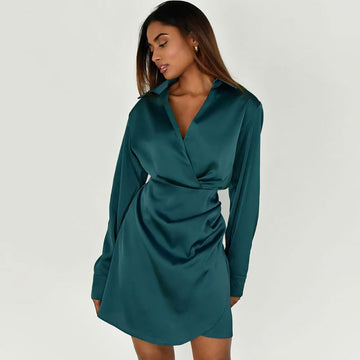 V Neck Long Sleeve Shirt Mini Dress - Teal Green