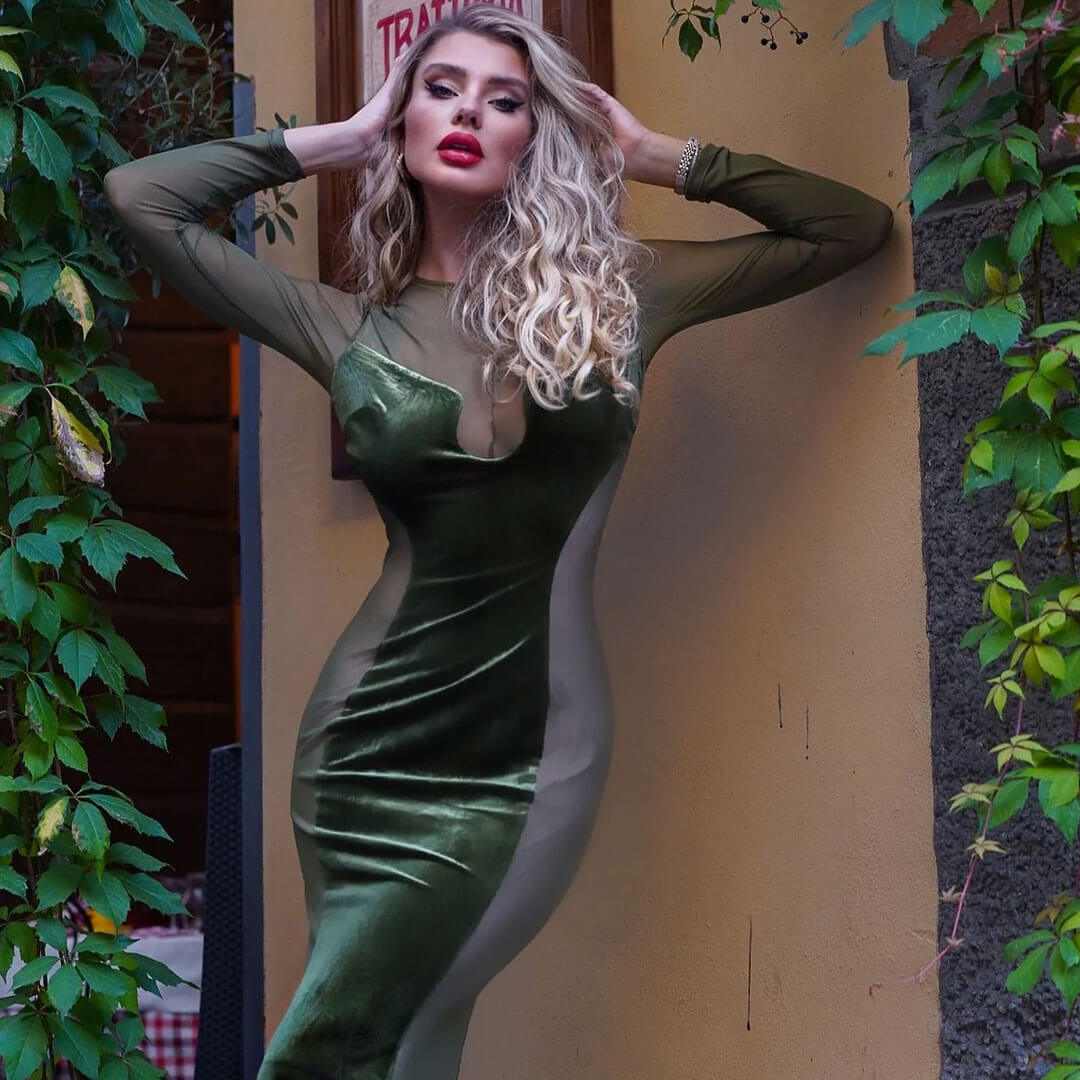 Mesh Panel Velvet Mock Neck Long Sleeve Sheer Maxi Dress - Green