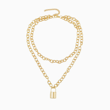 Lock Pendant Chain-Link Layered Necklace - Gold