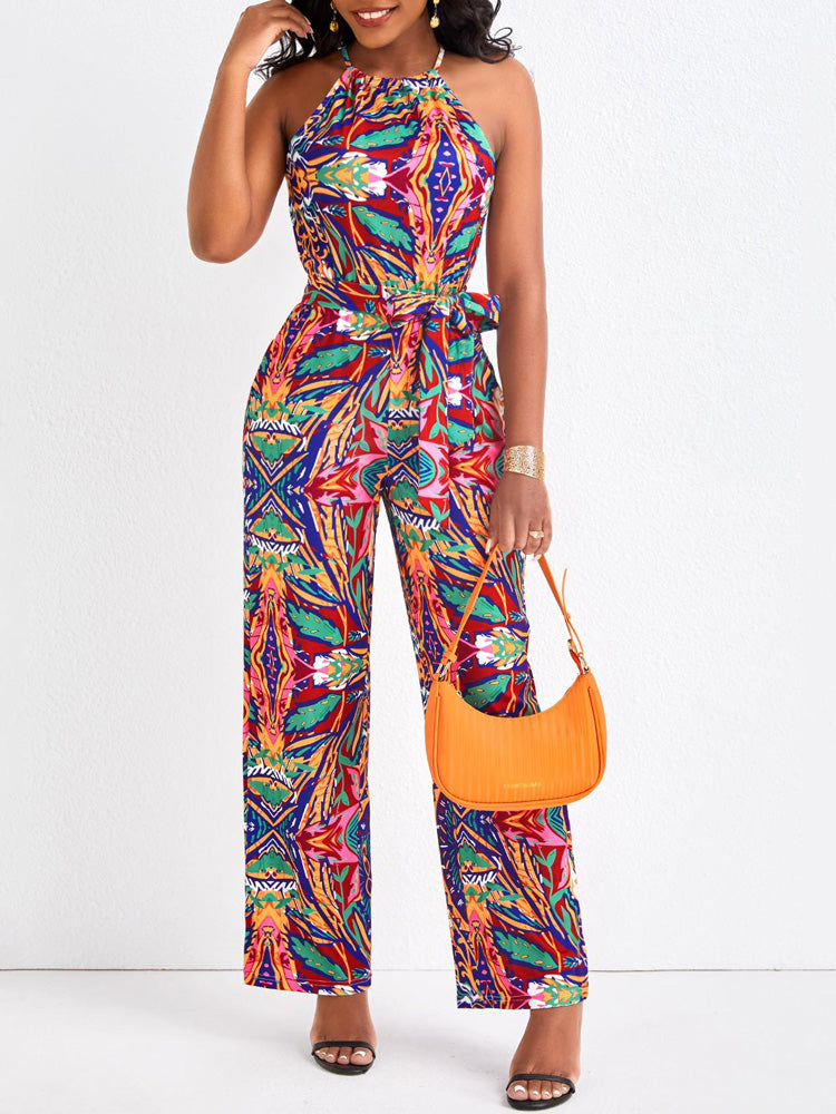 Sleeveless Halter Bandage Printed Jumpsuit