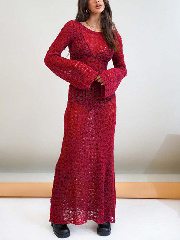 Crochet Hollow Backless Long Sleeve Cover Up Maxi Dress