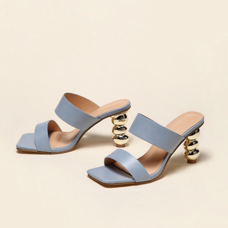 Metallic Geometric High Heel Square Toe Faux Leather Mule Sandals - Blue Grey