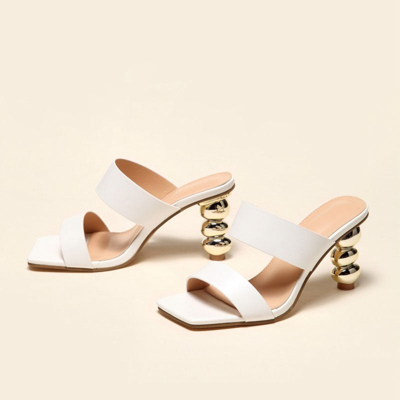 Metallic Geometric High Heel Square Toe Faux Leather Mule Sandals - White