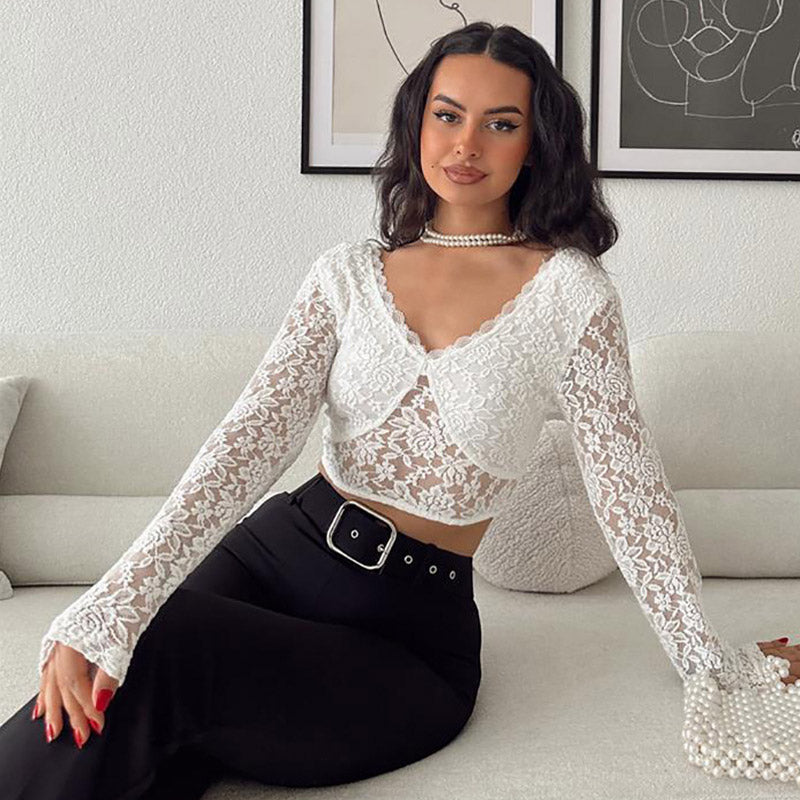 Scalloped V Neck Long Sleeve Cropped Sheer Floral Lace Top - White