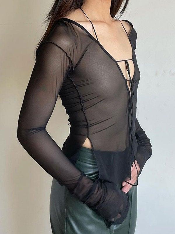 Sheer Mesh Long Sleeve Split Halter Blouse