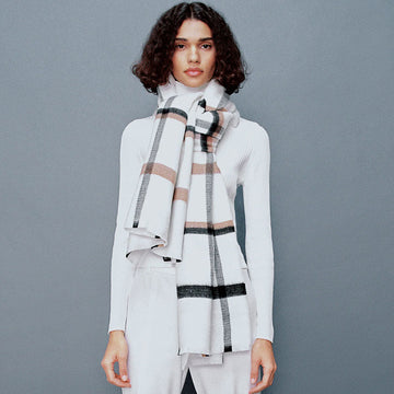 Versatile Plaid Print Frayed Blanket Scarf - White