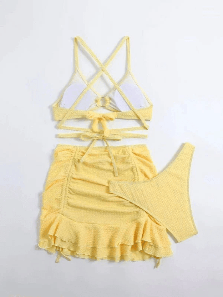 Yellow Tie Strap Three Piece Swimsuit